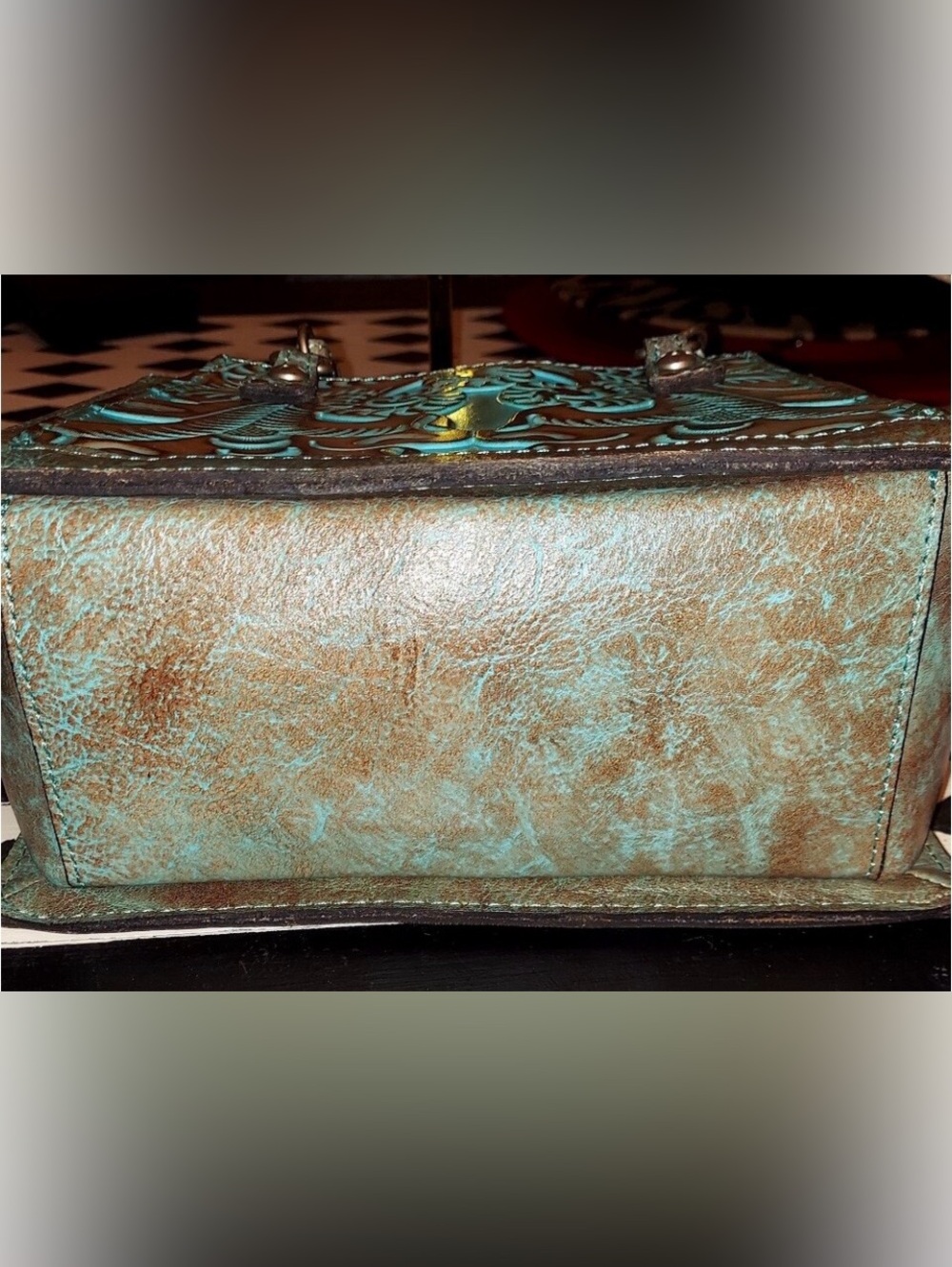 Patricia Nash Turquoise and Brown Tooled Leather Satchel - Picture 5 of 8